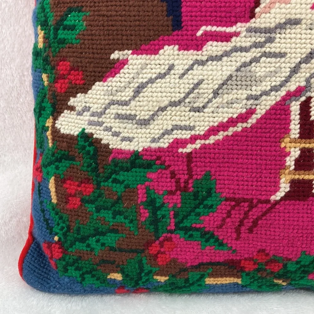 VTG Needlepoint Christmas Santa Claus Moon & Stars Pillow 14”